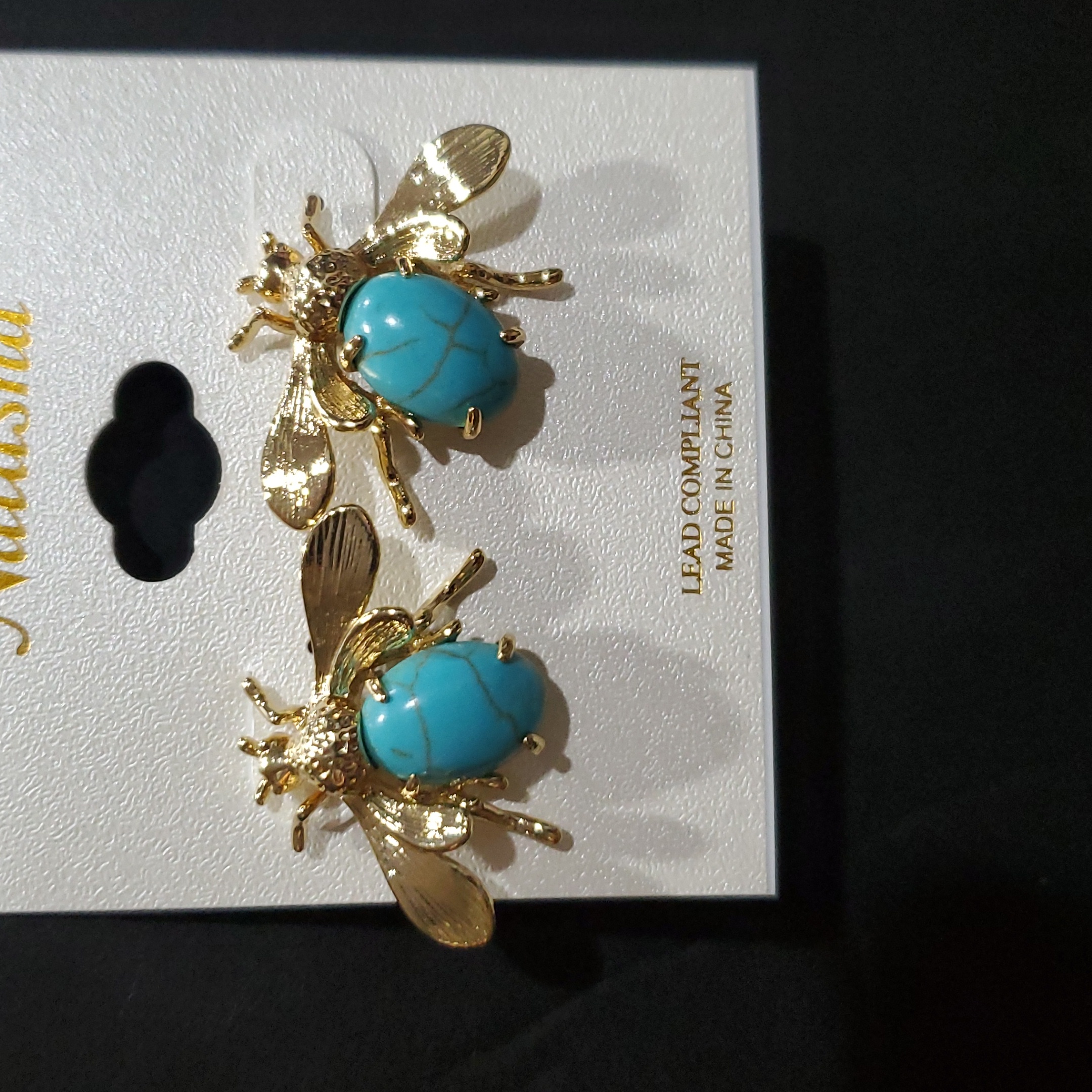 Natasha Couture Gold Tone Oval Blue Cabochon Turquoise Style Stone Bee Earrings